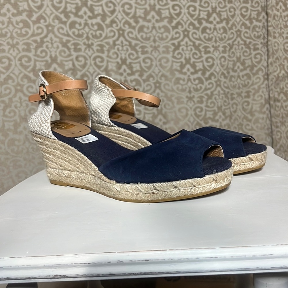 Navy Blue Espadrille Wedge, Leather upper, Size 10
